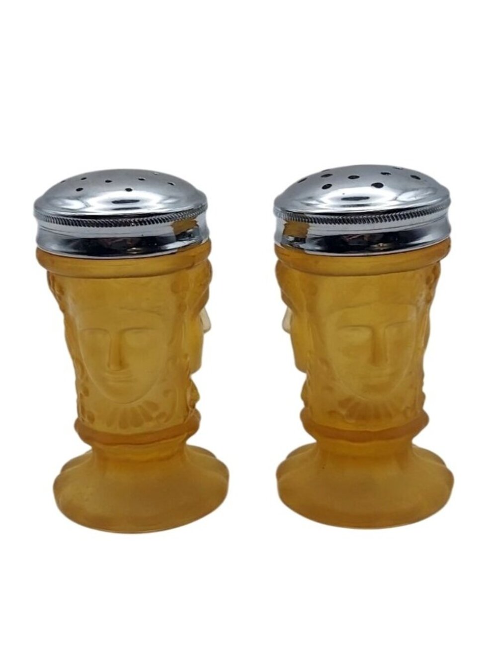 L.G. Wright Three Faces Frosted Amber Glass Salt & Pepper Shakers Set Vintage